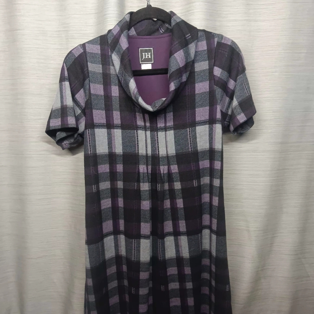 Elegant Plaid Midi Dress in Purple and Gray